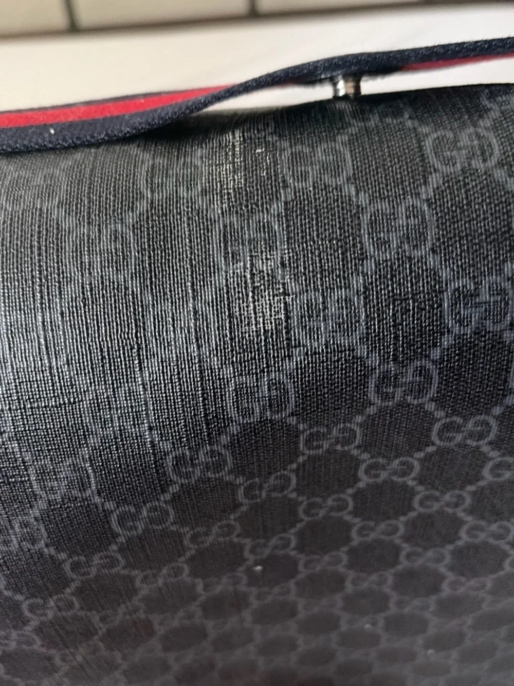 Gucci Black Monogram Messenger Bag with Red/Blue Stripe Strap